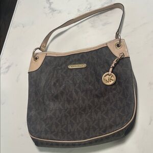 Michael Kors Brown & Beige MK Signature Hobo Shoulder Bag